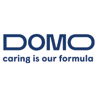 Logo of Domo with the slogan caring is our formula in blue text on a white background.