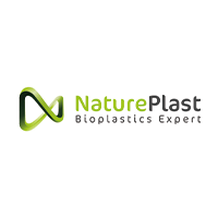 NaturePlast logo with green and black text, emphasizing expertise in bioplastics.