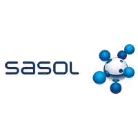 Logo featuring the word Sasol with a molecular structure design of blue and white spheres on the right.
