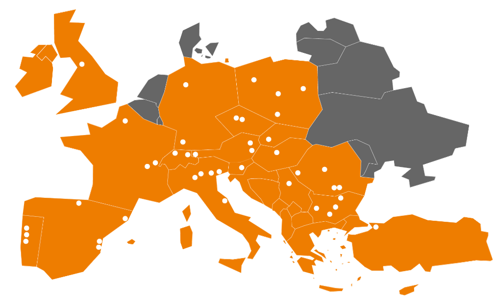 Map of Plastoplan Plastics UK distribution network in Europe, highlighting locations with orange and white markers.