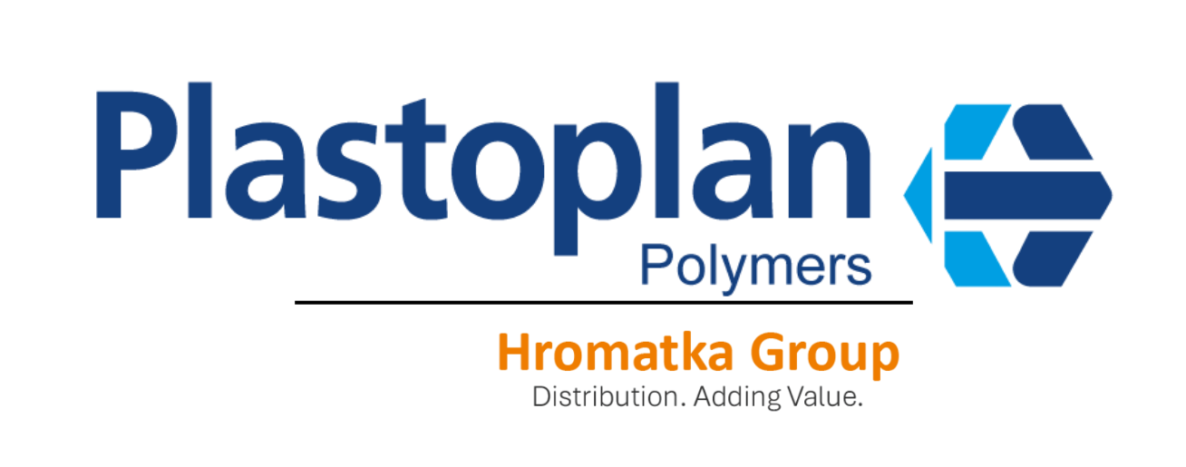 Plastoplan Polymers logo with Hromatka Group tagline, focusing on distribution and value in plastics industry.
