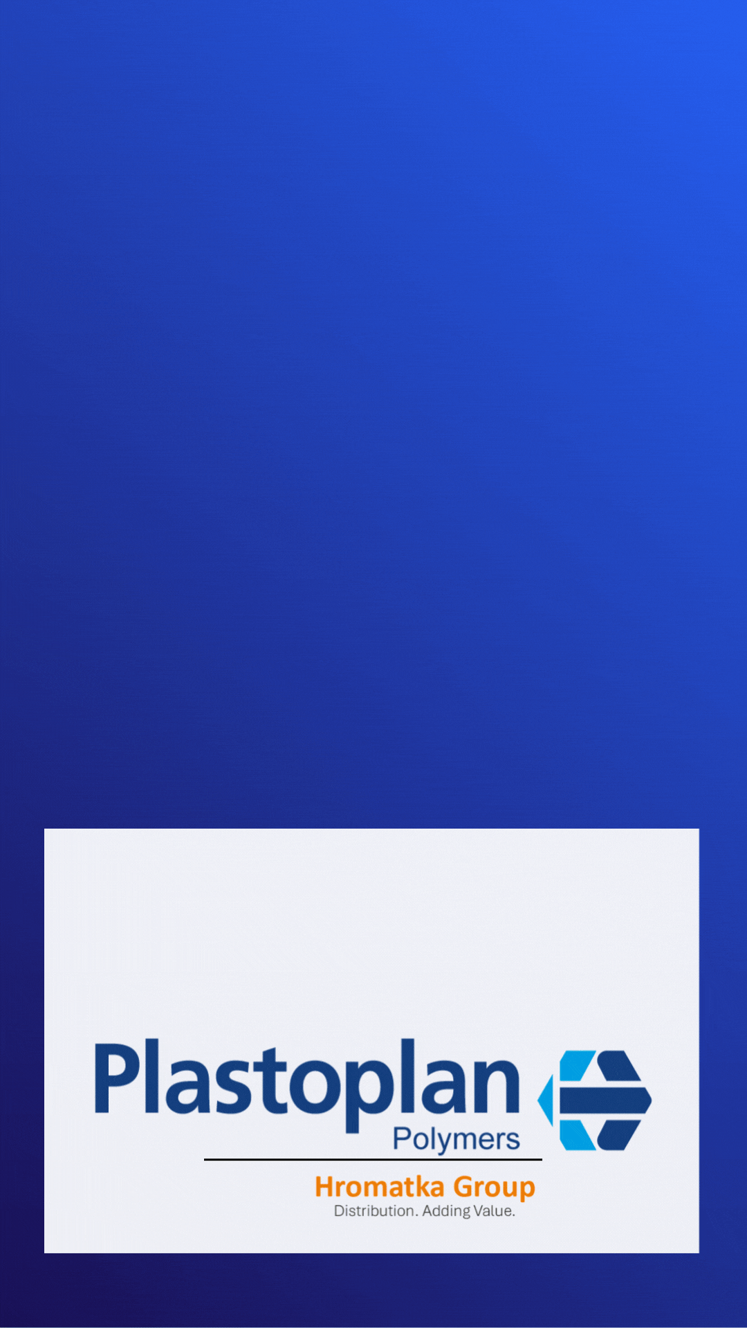 Logo of Plastoplan Polymers by Hromatka Group on a blue background, specializing in plastic distribution and value.