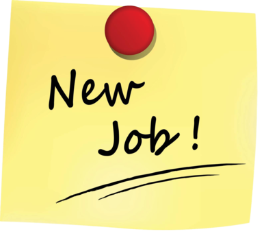 Yellow sticky note with New Job! written in black marker, pinned with a red thumbtack.