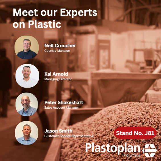 Meet Plastoplan's experts, with headshots of team members and a background of plastic materials at Stand No. J81.
