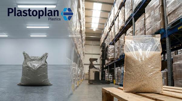 Plastic granules in a warehouse at Plastoplan Plastics UK, showcasing storage and distribution processes.