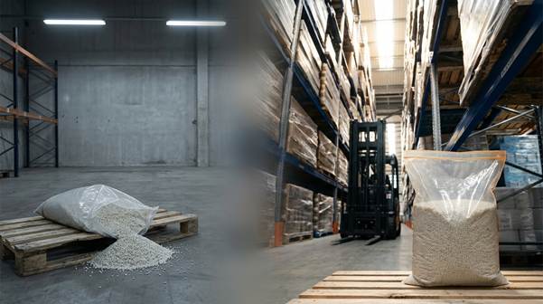 Plastic granules in a large bag on pallets in a warehouse aisle, with shelves and a forklift in the background.